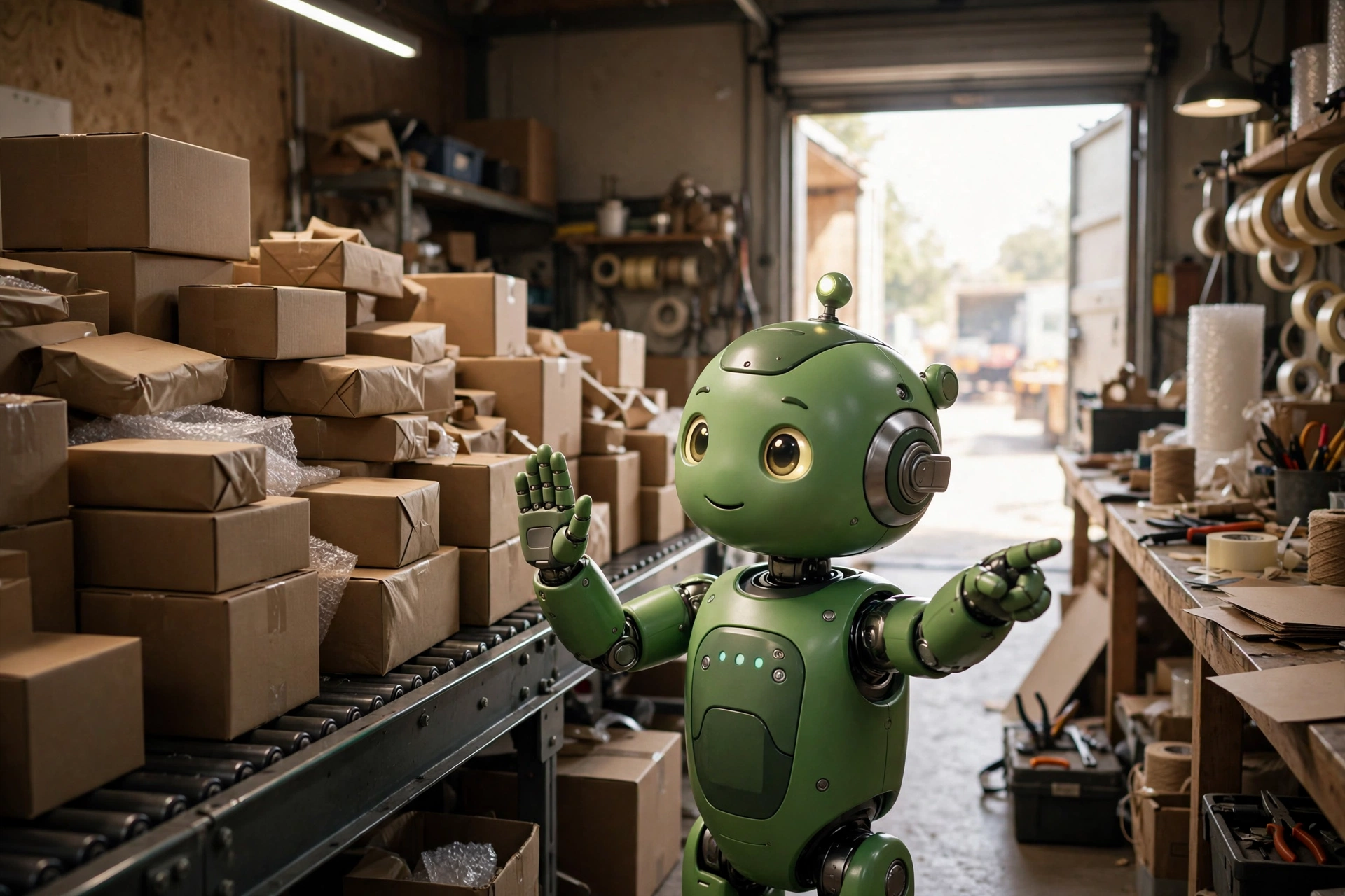 A friendly green robot at a workshop conveyor belt piled with finished boxes, holding up a stop hand toward the belt and pointing toward a single open shipping door glowing with daylight