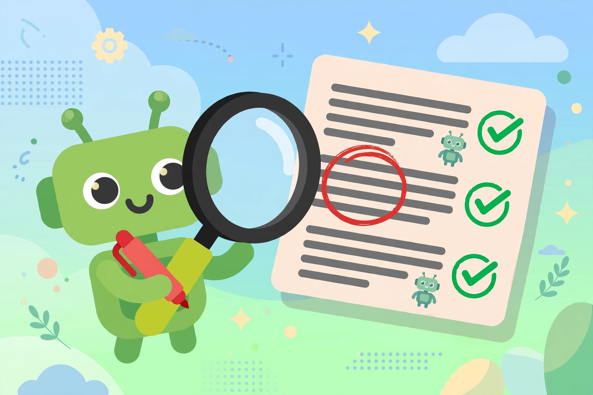 A friendly green robot holding a magnifying glass up to an article page, with a red pen circling one suspicious line while green checkmarks stamp the approved paragraphs