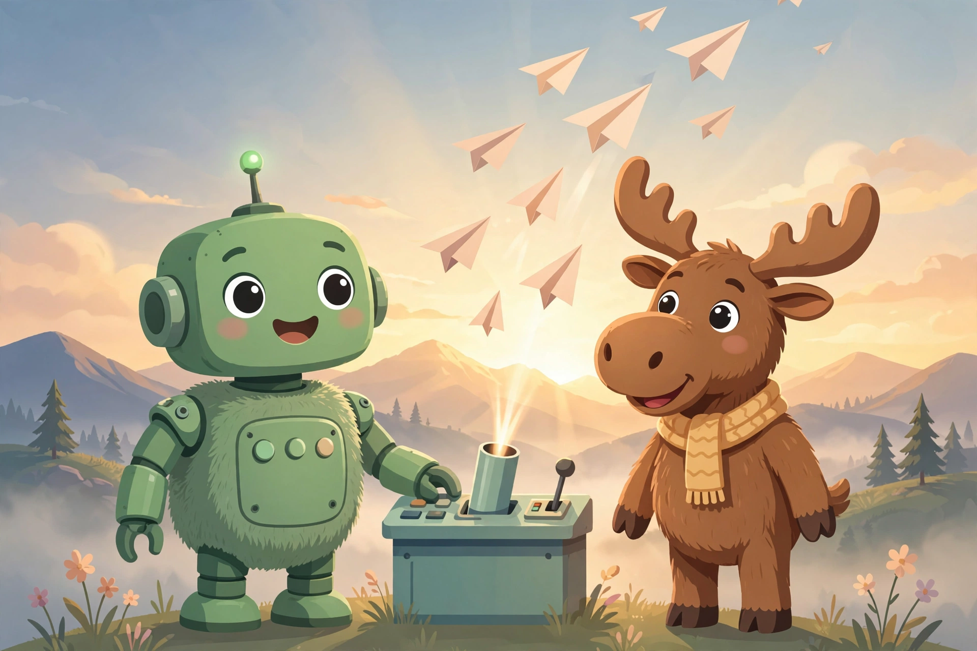 A friendly green robot and a cheerful moose at a small launch console at dawn, releasing a flock of paper airplanes into a glowing sunrise sky above distant mountains