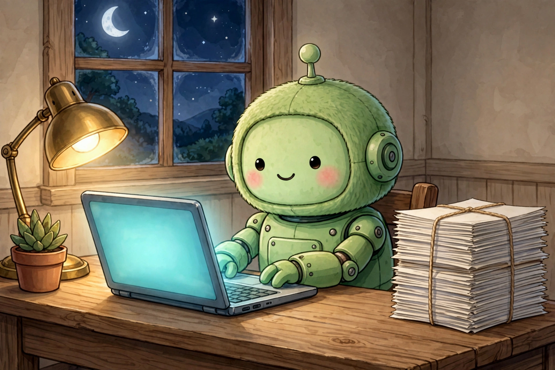 A friendly green robot at a wooden writing desk late at night, typing on a glowing laptop beside a tall stack of finished manuscript pages, a warm desk lamp and a moonlit window behind it