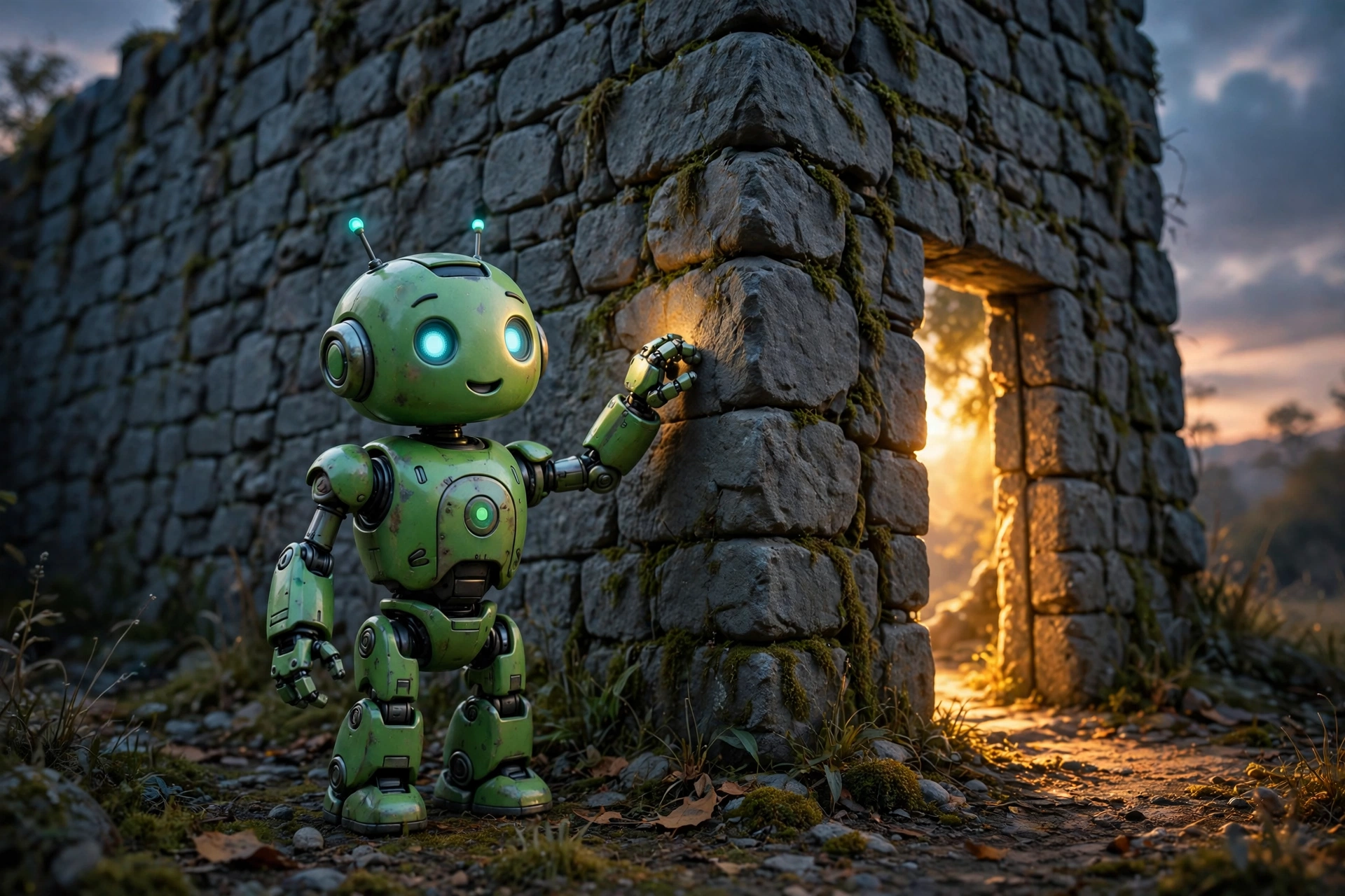 A friendly green robot standing before a tall gray stone wall, knocking on it to test whether it is real, with a doorway of warm golden light on the other side