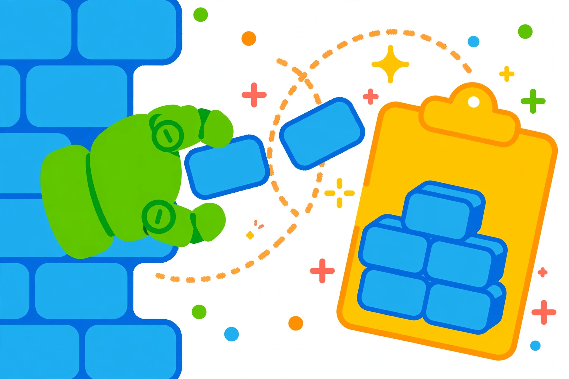 A friendly green robot hand taking blue bricks off a wall and stacking them neatly on a yellow clipboard — turning a big problem into a parts list