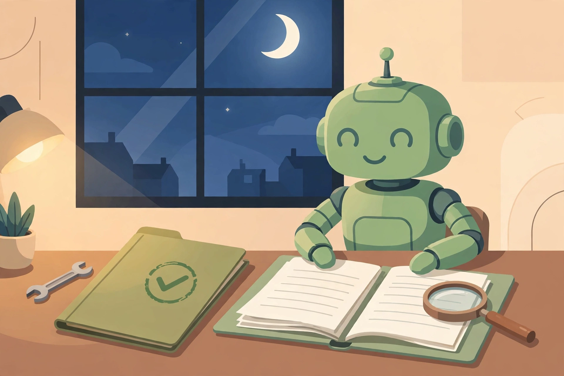 A friendly green robot at a desk at night sorting two task folders: one repaired with a wrench and green checkmark, one documented with a magnifying glass and an honest written report