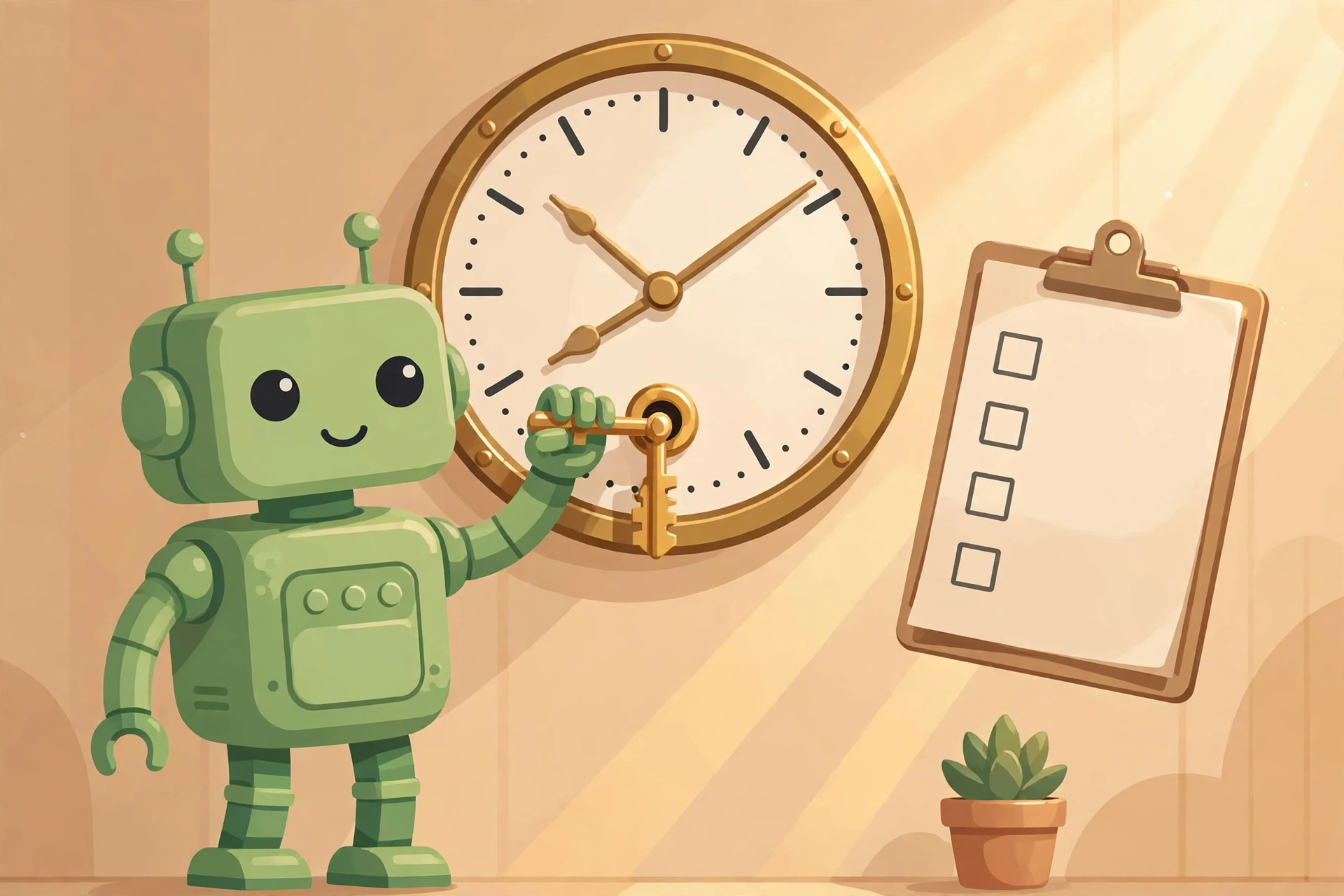 A friendly green robot winding a large round wall clock with a brass key, a clipboard with an empty checklist floating beside it