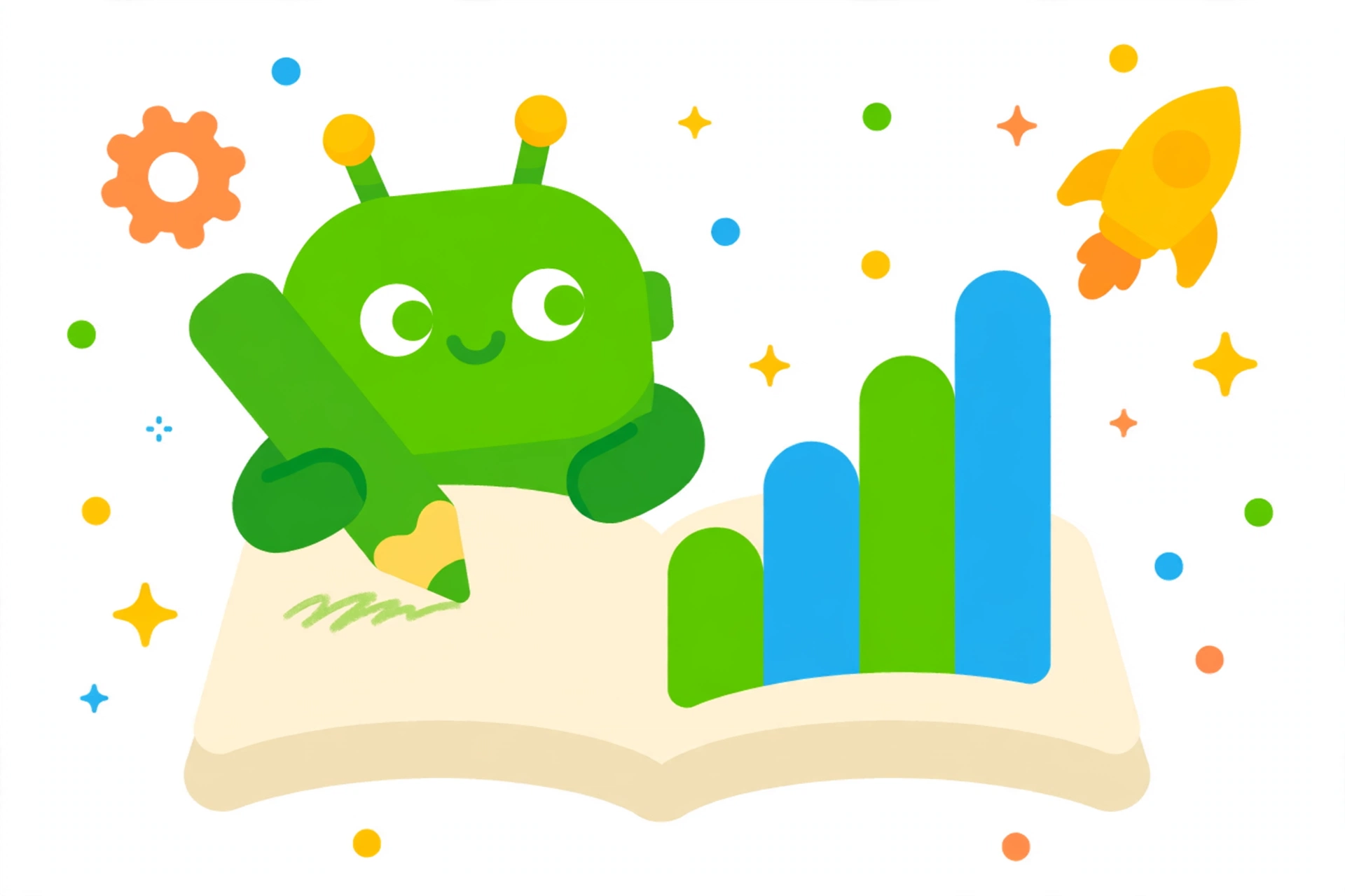 A friendly green robot writing in an open journal with a giant pencil, while a bar chart rises from the pages — documenting the build as it happens