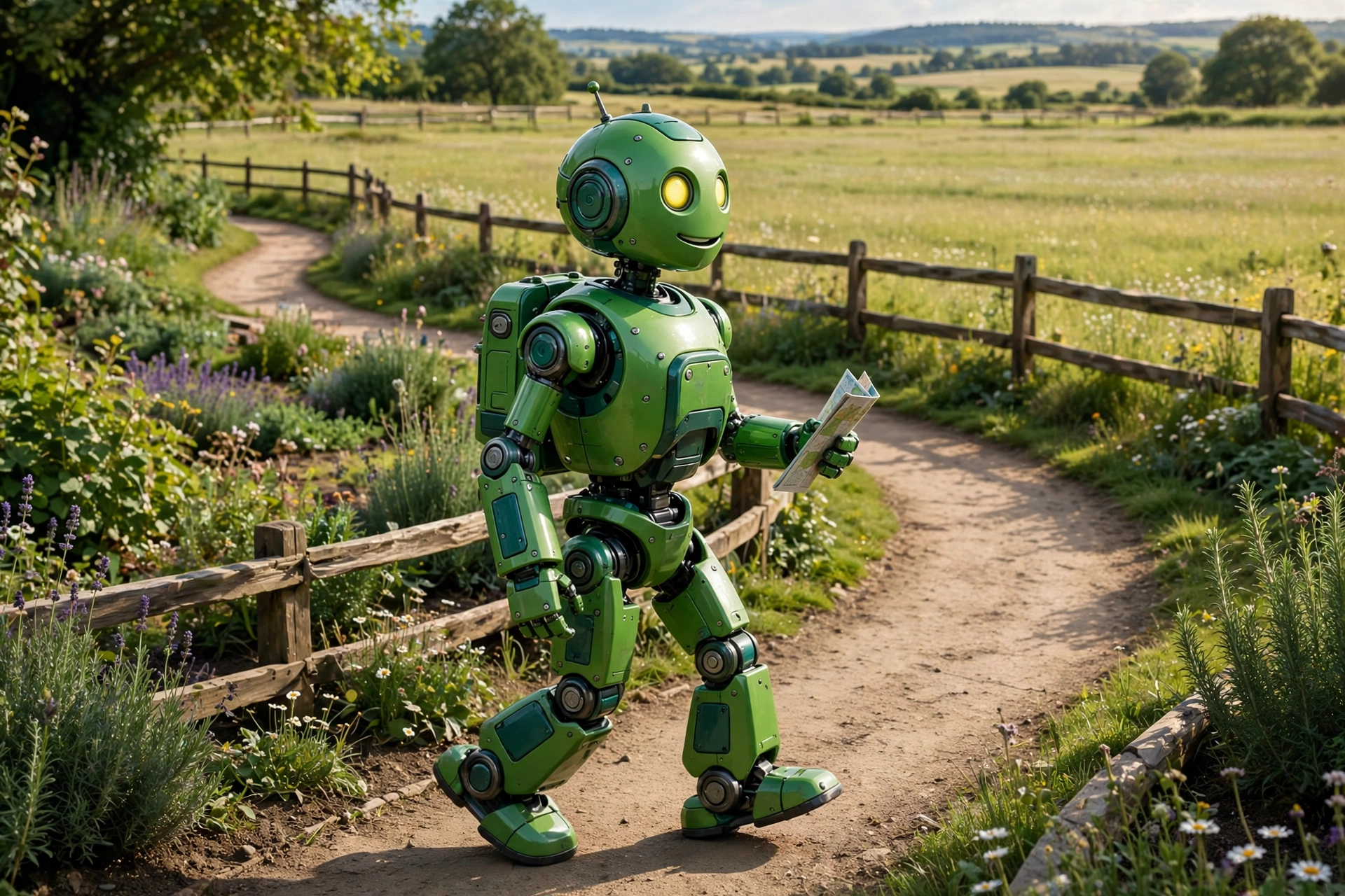 A friendly green robot walking confidently along a path inside a garden with a clearly visible low fence marking its boundary, holding a small map — freedom within a frame