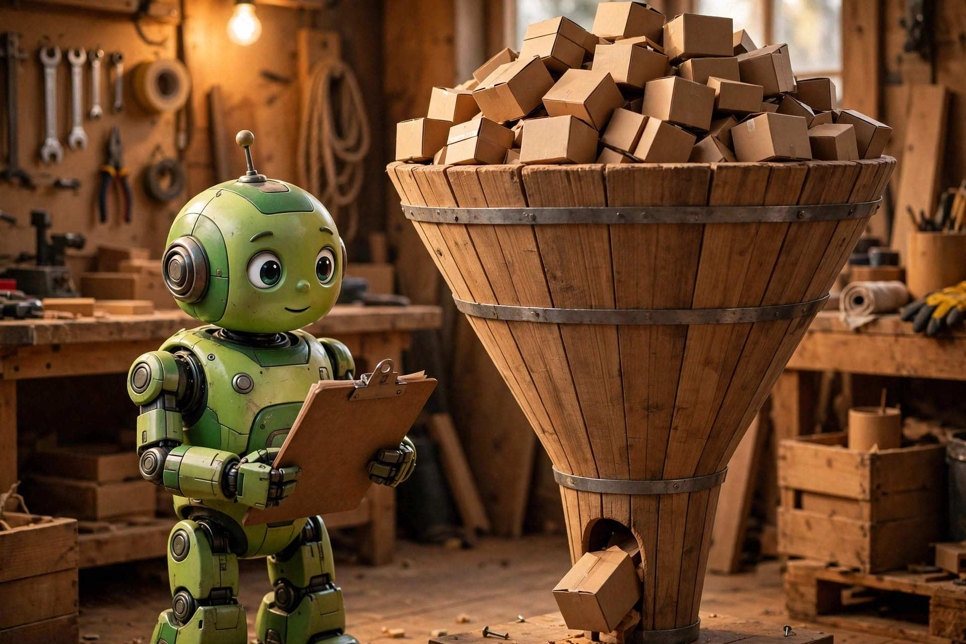 A friendly green robot beside a giant wooden funnel: dozens of boxes piled at the wide top, a single box squeezing through the narrow neck, which is where the robot is looking