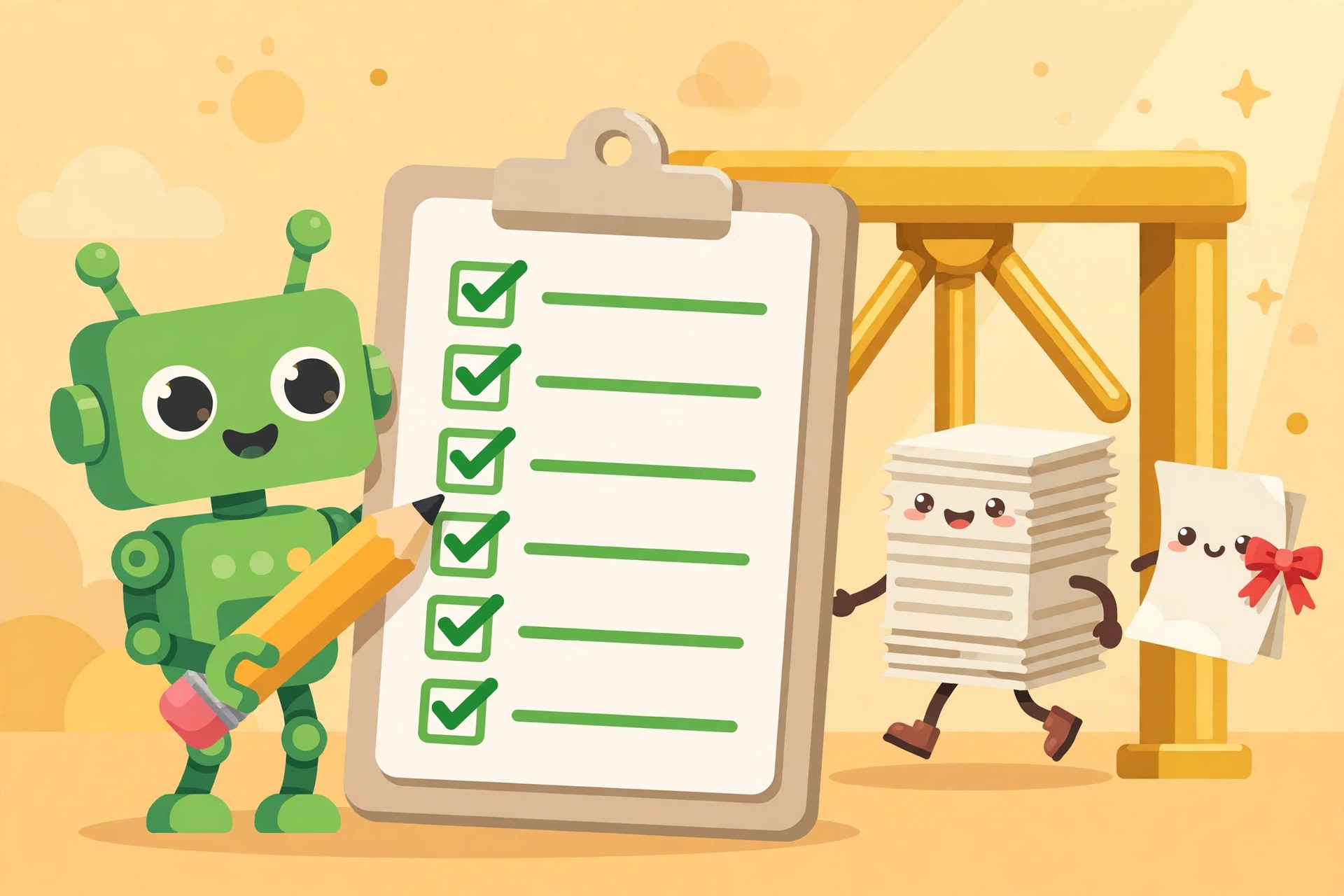 A friendly green robot ticking a giant checklist with a pencil, while a stack of article pages walks through a golden gate and one page is held aside with a red ribbon