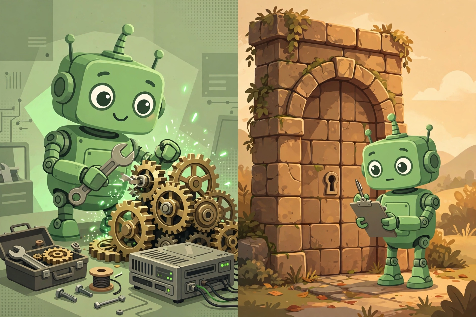 Split illustration: on the left the robot repairs its own gears with a wrench, on the right it stands before a tall locked gate writing an honest report on a clipboard