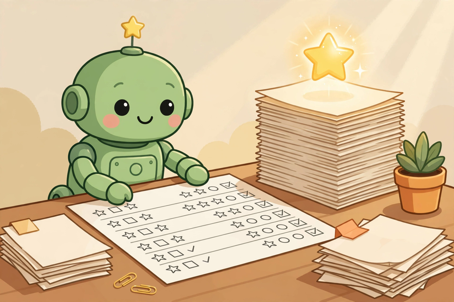 A friendly green robot carefully studying a large grading scorecard next to a tall stack of book chapters, one chapter glowing with a star of approval and another set aside for revision
